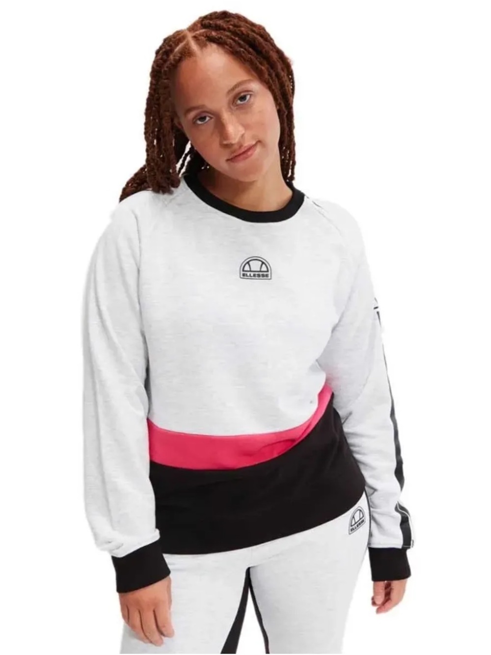 Ellesse Prudence White Marled Crewneck Sweatshirt Pink Black Colorblock NWT 10